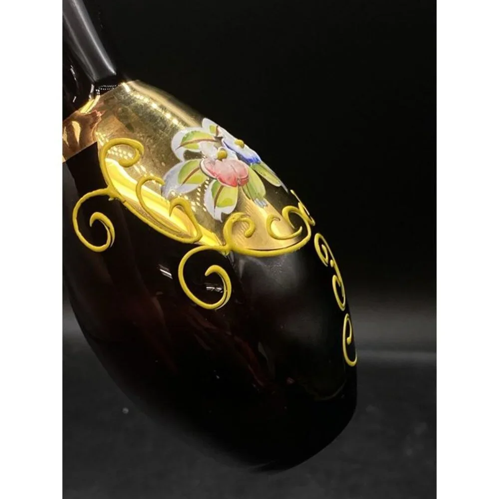 Bohemian Amethyst Purple Glass Vase Enamel Flowers with 24k Gold Vintage 6.25”
